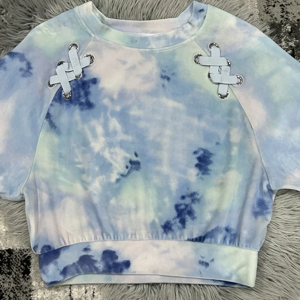 Justice Youth Girls Multi-Blue Velour Drop Shoulder Pullover SweatShirt Size 12
